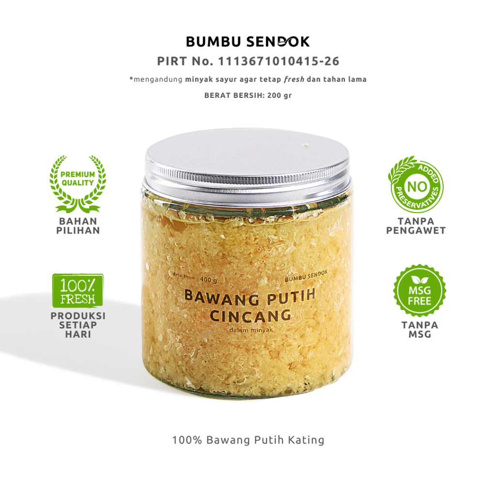 

Bawang Putih Cincang dalam Minyak / Minced Garlic in Oil 400g --- BUMBU SENDOK Halus Dapur Instan Masak Homemade Basah Tanpa MSG Lengkap Komplit Giling MPASI Putih Merah Bombay Kating Brebes Baceman Cepat Saji Favorit Premium HALAL PIRT