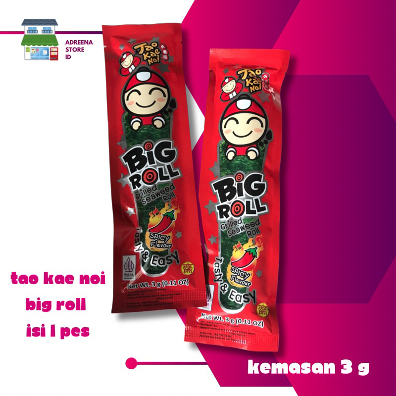 

TAO KAE NOI BIG ROLL GRILLED SEAWEES ROLL SPICY FLAVOR 1 PCS KEMASAN 3gr RUMPUT LAUT NORI PEDAS ENAK