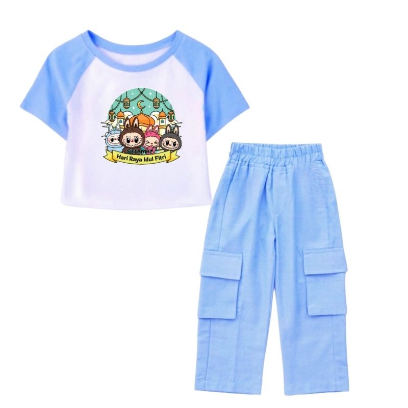 Setelan celana cargo anak perempuan labubu lebaran 4anak/setelan baju lebaran labubu