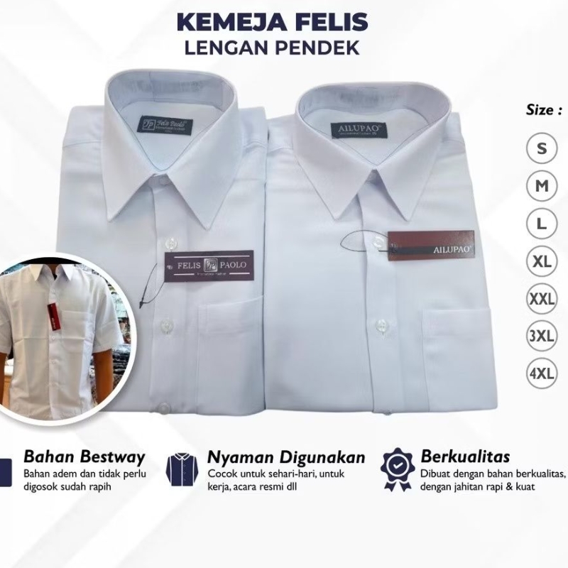 Kemeja Kantor Pria Felis Paolo AilupaoPutih Formal Lengan Pendek Polos