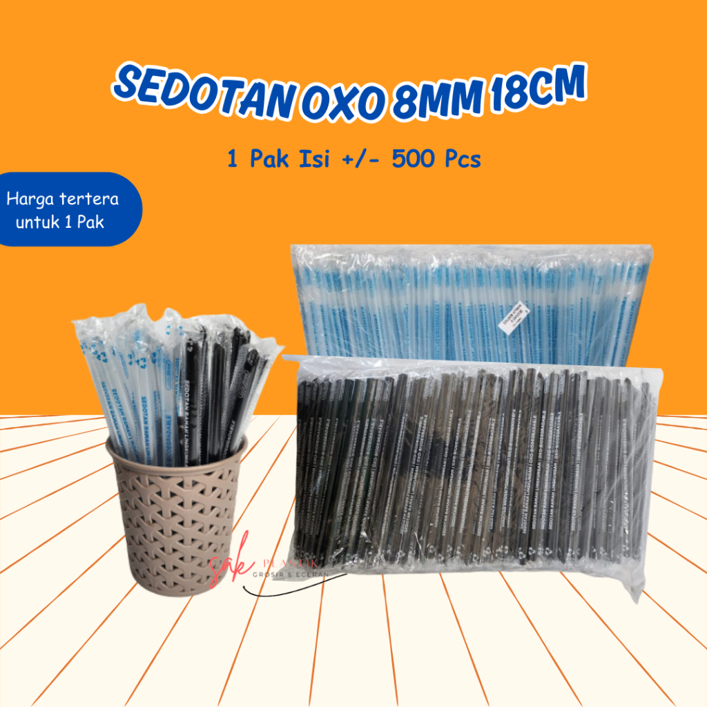 Sedotan Steril Hitam Bening Oxo Golden Straw 8mm 18cm Isi 500 Pcs l Sedotan Plastik Lancip