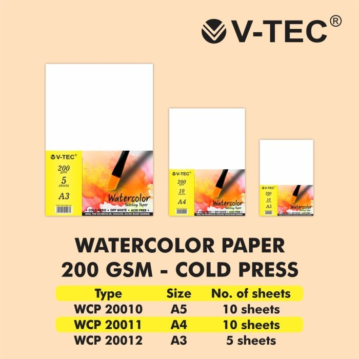 

TBMO WATER COLOUR PAINTING PAPER WCP 10SHEETS/200GR COLD PRESS V-TEC