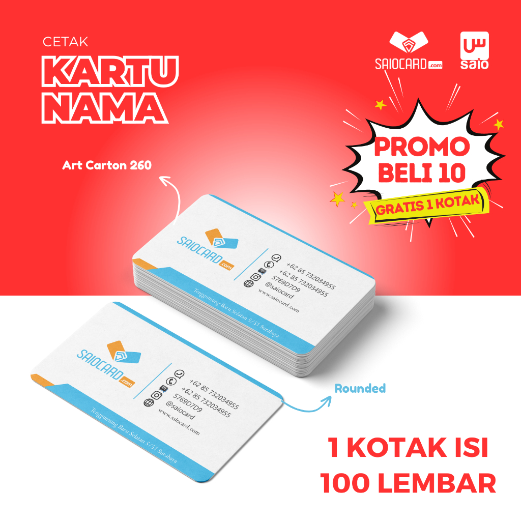 

CETAK KARTU NAMA 1 SISI / 2 SISI BAHAN ART CARTON 260 + KOTAK ( MURAH )