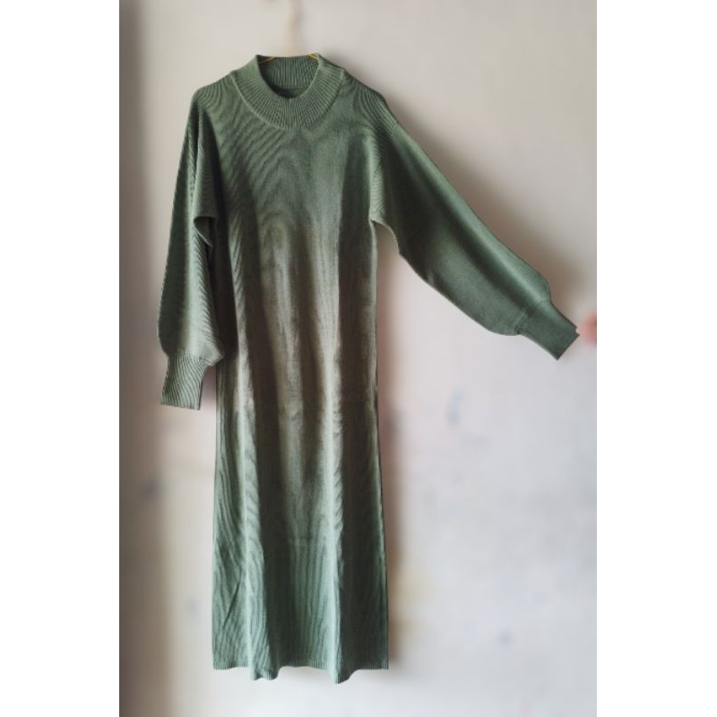 LONG DRESS RAJUT KOREAN STYLE LENGAN BALON POLOS | SWEATER PANJANG