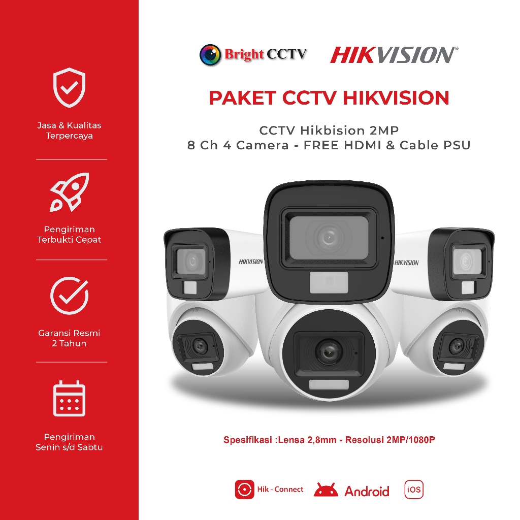 Paket CCTV Hikvision  2MP 8Ch 4 Camera Fullset Hikvision 1080P
