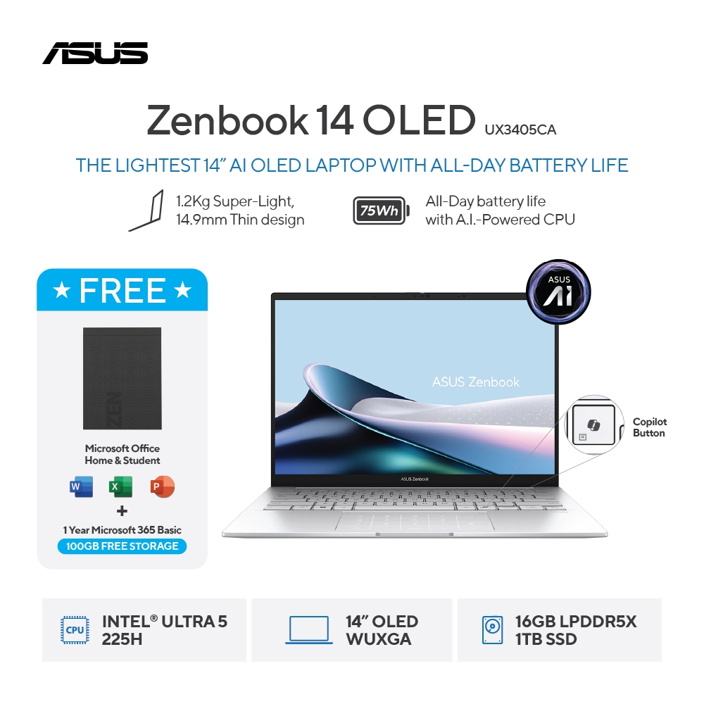 [FREE MOUSE] ASUS Zenbook 14 OLED UX3405CA-OLED5112TM - Foggy Silver [Intel Core Ultra 5 / Intel Arc