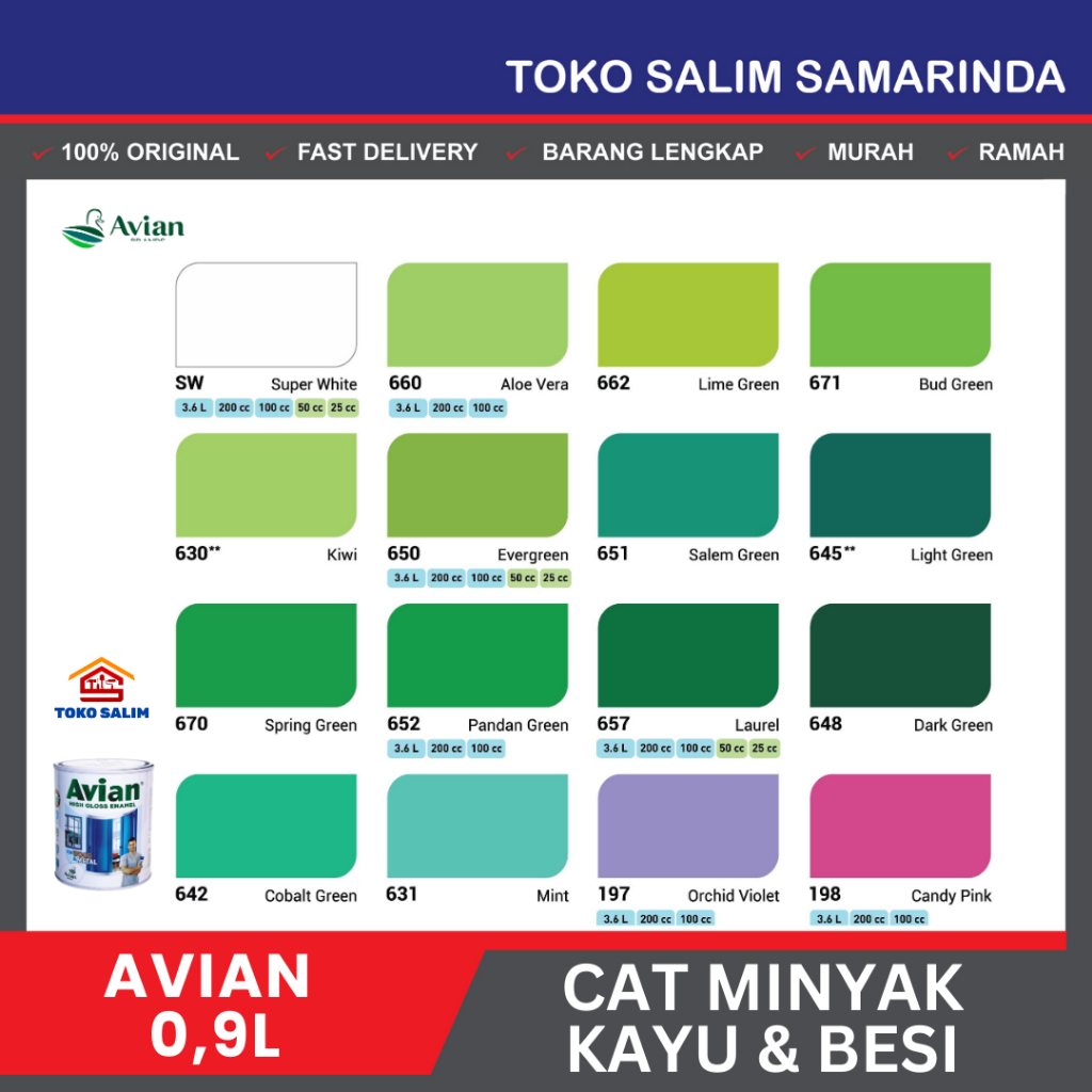 Cat Minyak Kayu dan Besi 0,9L 1KG AVIAN Warna Lengkap ( PUTIH / HIJAU GREEN TOSCA /PINK / PURPLE UNG
