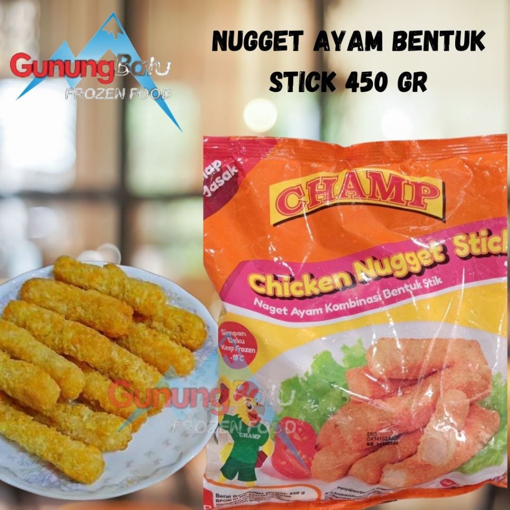 

CHAMP CHICKEN NUGGET STICK 450GR (NAGET AYAM BENTUK STIK)