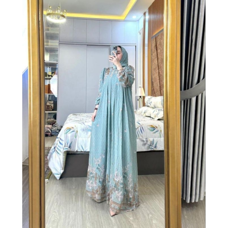 Gamis Azzura Ceruty Furing Motif Bunga - Gamis Jumbo Busui Friendly - Dres Mewah Free Hijab Terlaris