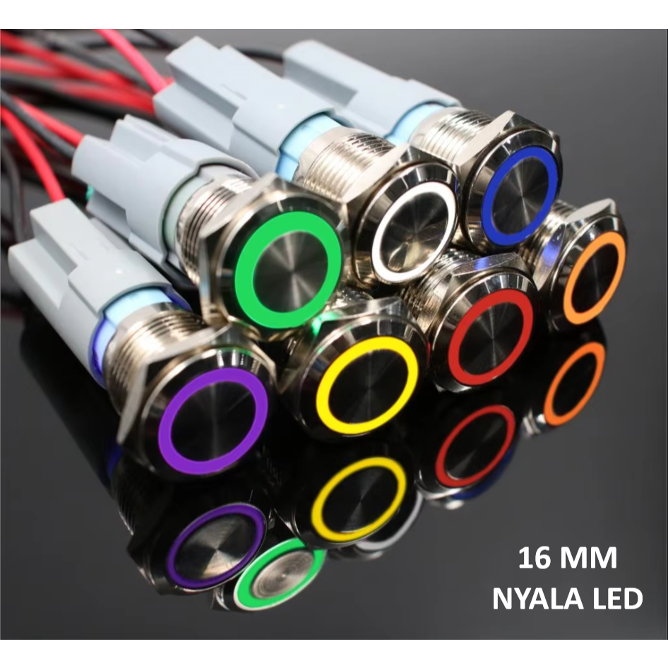 Saklar Push Button LED Stainless Tombol On Off RESET Return 16mm Metal Switch Ring Bulat LED Momenta