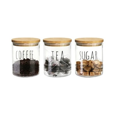 Set 3pcs Stoples Kaca Tempat Kopi Gula Teh Wadah Gula Estetik Tutup Bambu 600ml WMO IF2830