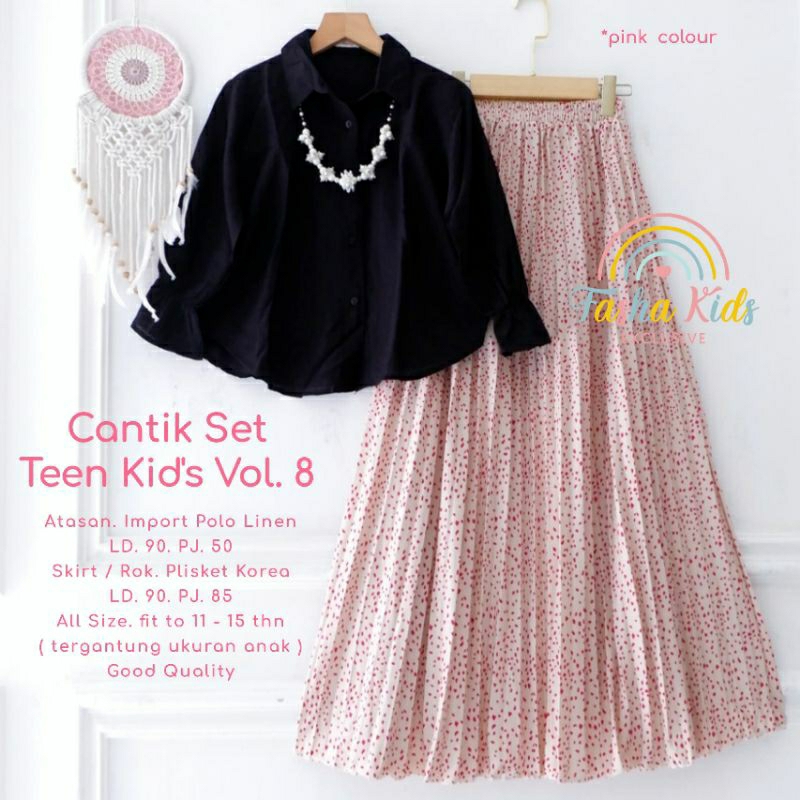 Setelan rok plisket anak remaja usia 11-15 tahun atasann hitam polos cantik set
