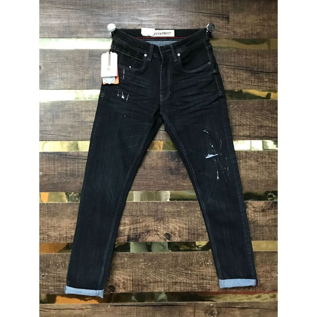Exman denim black washed Jeans hitam slim fit celana jeans cat splash celana denim raw look