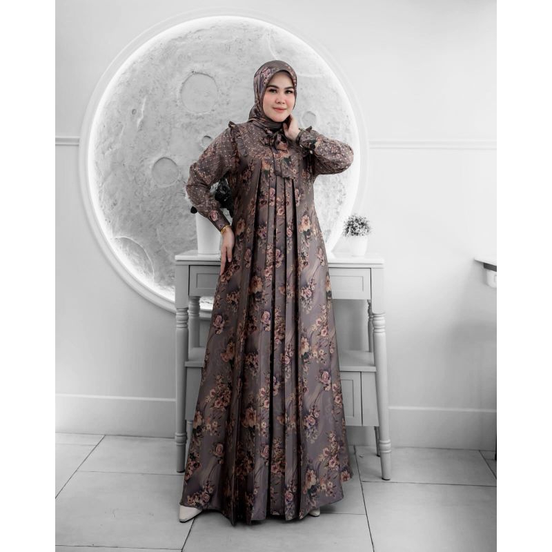 Gamis motif set hijab  armani silk premium mewah dan elegan