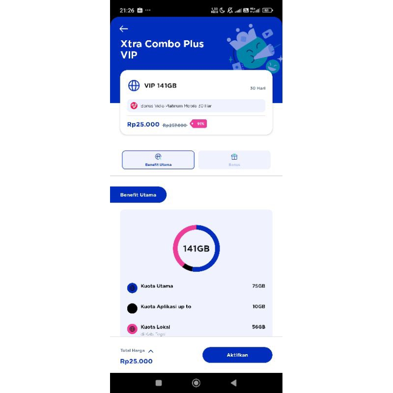 perdana XL diskon 90% extra combo VIP plus 141GB