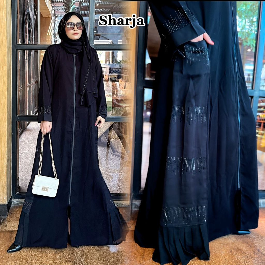 Abaya Dubai Sharja Kombinasi Satin Silk Black Gamis Turkey Umroh Hitam Dress Muslim Wanita Arab Mewa