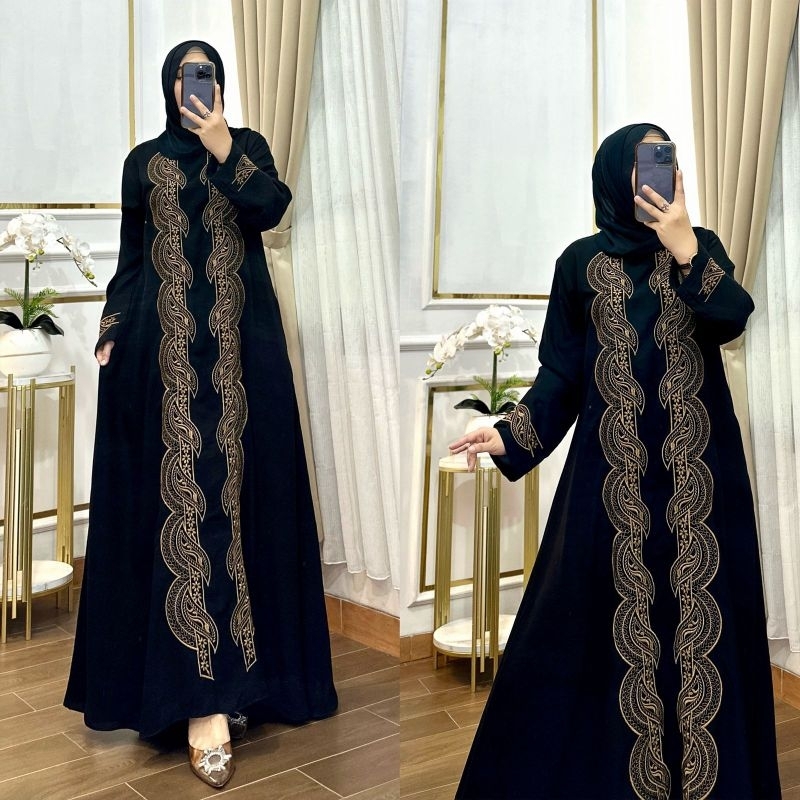 Nura Collection Official - Abaya Andini Bordir - Abaya Wanita Model Terbaru Bahan Jetblack - Gamis L