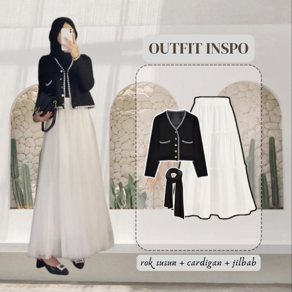 One Set Baju wanita kekinian (Cardigan + Rok Susun + Pasmina) Outfit Remaja Kondangan Terbaru LSR1