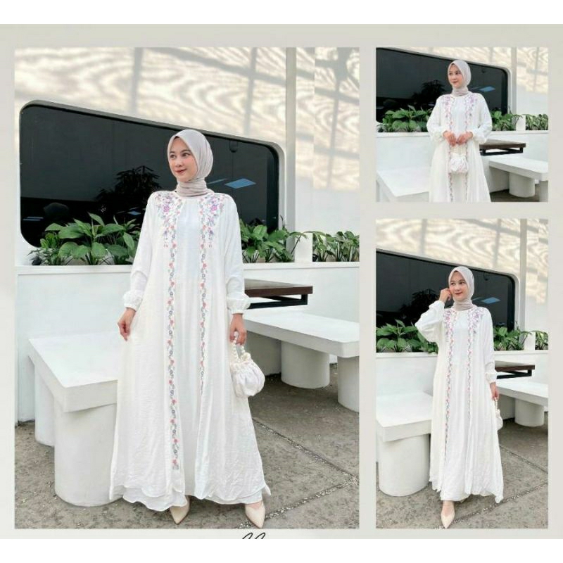 Ready gamis Reullina Dress hitam putih motif bunga bordir