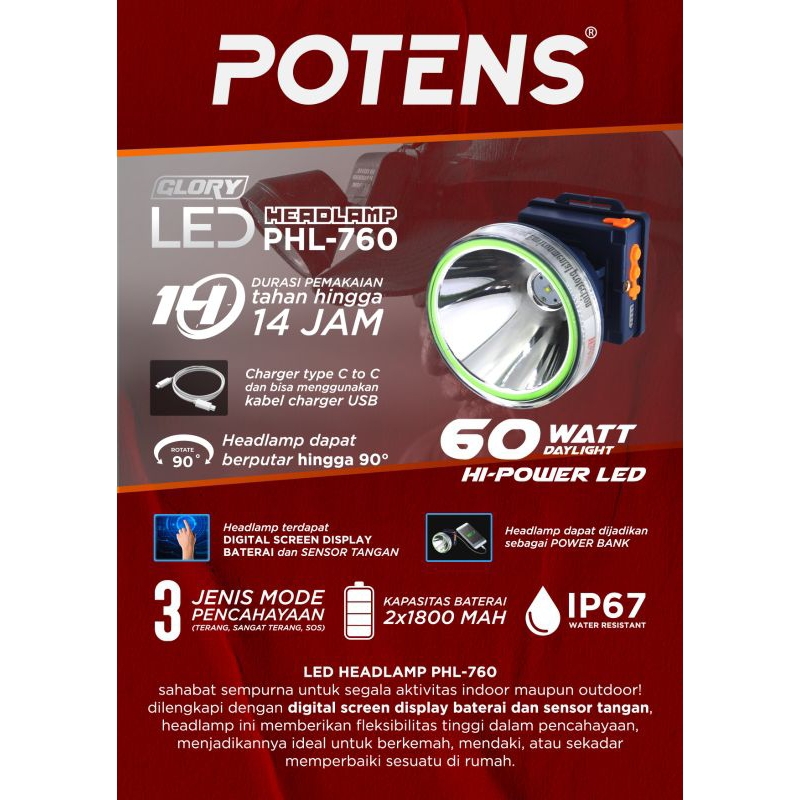POTENS PHL-760 LAMPU SENTER KEPALA 60W 60 WATT PUTIH RECARGEABLE HEAD LAMP SENSOR GERAK CAHAYA PUTIH