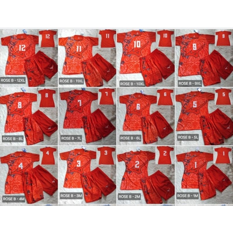 Setelan voli cewek nomor dada punggung baju celana voli wanita volleyball rose merah printing
