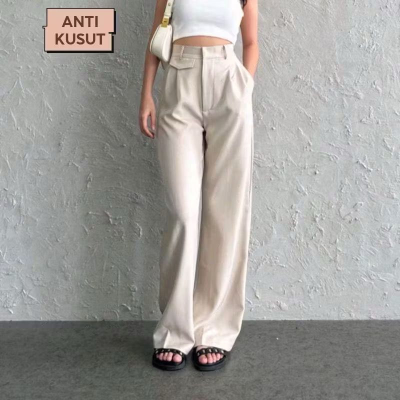 ORO PANTS - Loose Pants Trouser Wanita -  Celana Kulot Bahan Knit Warna Ivory