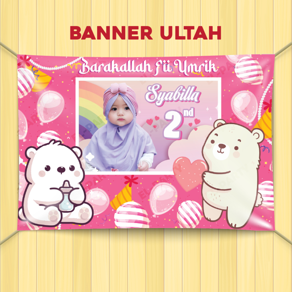 Banner Ulang Tahun Beruang Lucu Spanduk Custom Nama Dekorasi Backdrop Pesta Ultah Anak Perempuan