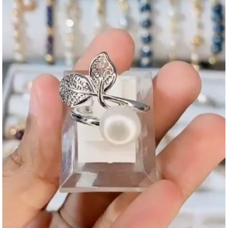 Cincin daun rhodium lapis Emas 18k Mutiara air tawar asli Lombok