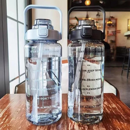 Botol minum Jumbo 2 LITER Motivasi Penanda waktu Tritan Quifit Handle BENING 2000ML - Botol Minum 2L