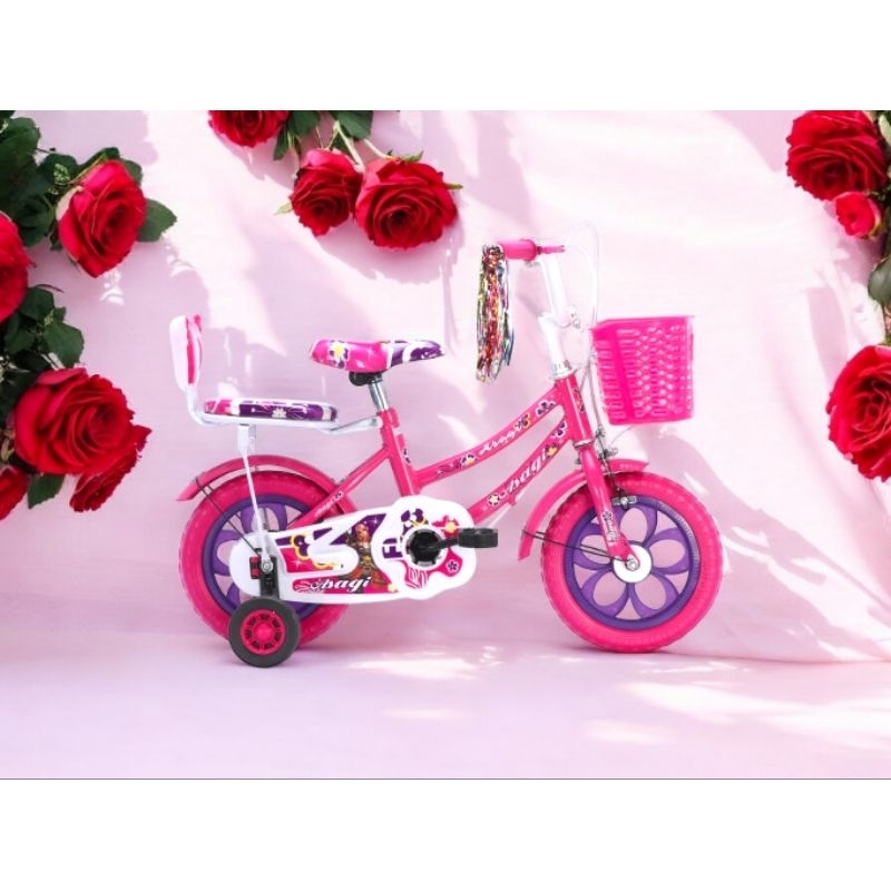 Sepeda mini anak 12" Ban busa anti kempes ban busa pink dan ungu