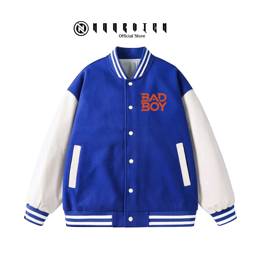 NOORDIEN - Jaket Varsity/Baseball BAD BOY TEXT ORANGE Pria-Wanita, Bahan Catton Flace