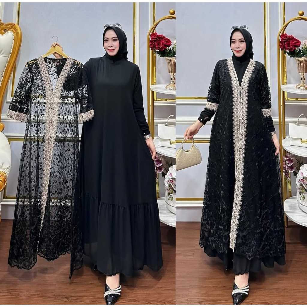 Kiukiu Lestari Dress Gamis Outer Brukat Wanita - Dress Kondangan - Gamis Brukat Set 2 in 1 Brukat Ti