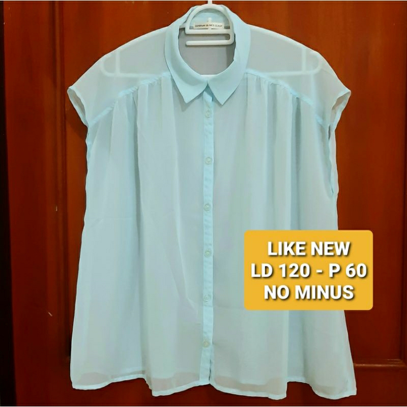 LIKE NEW blouse sifon gaya korea atasan wanita transparan warna biru muda bisa jadi outer oversize L