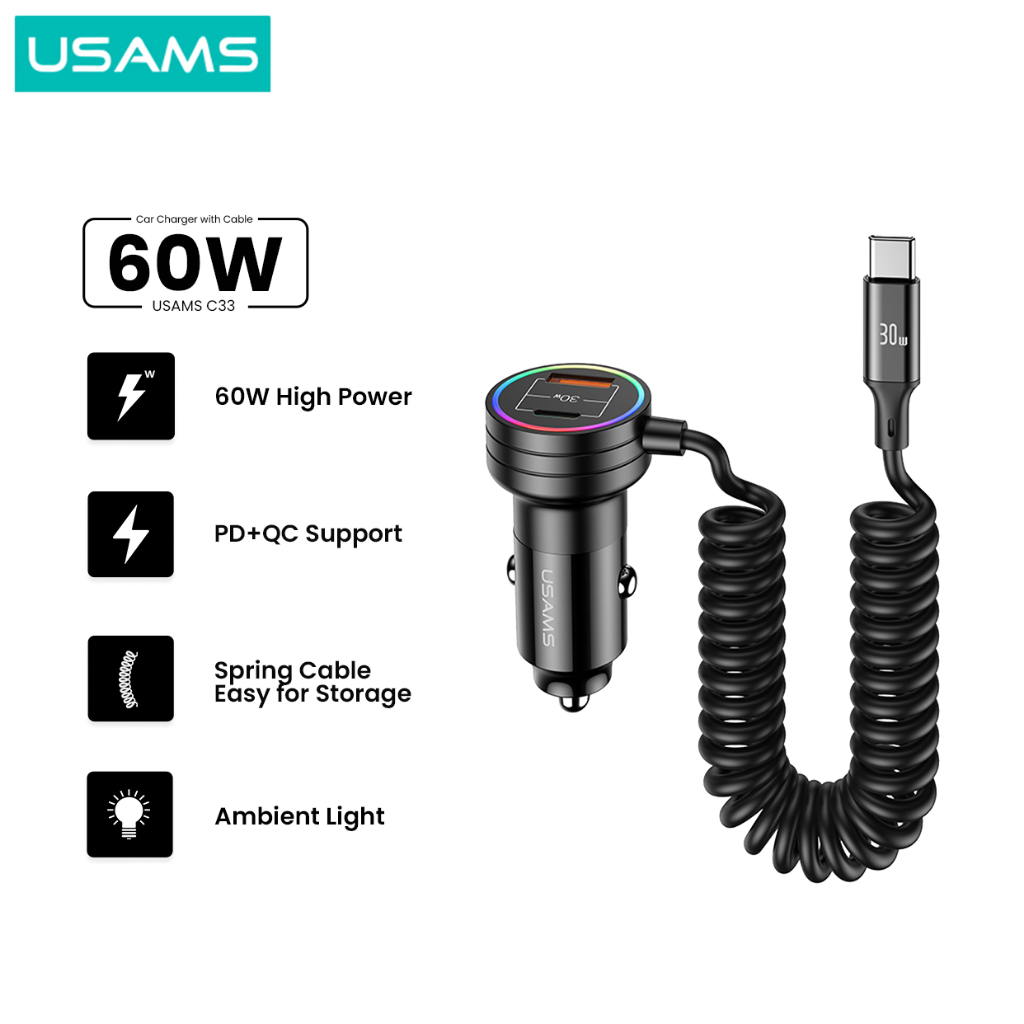 Usams C33 Car Charger Mobil With Spring Cable 60W