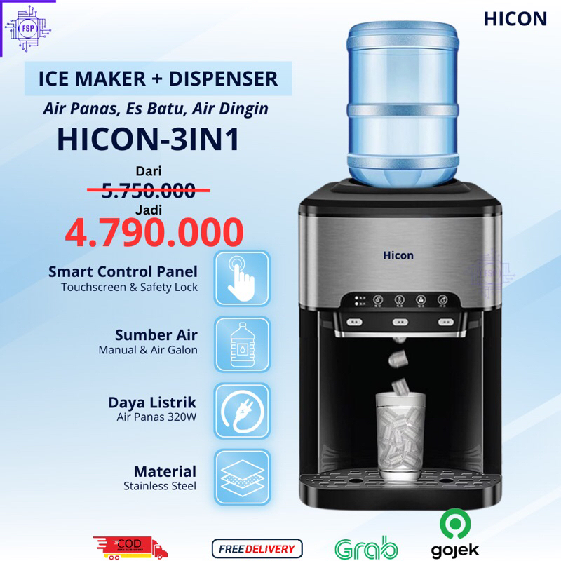 [Ready Tidak Po] HICON Dispenser Mesin Es Batu Multifungsi 3 in 1 Air Panas Air Dingin Es Batu
