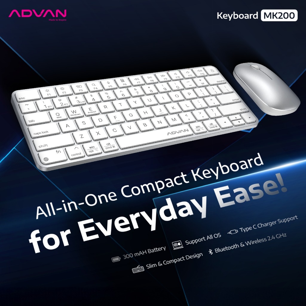 [New Launch] ADVAN Mouse & Keyboard MK200 Wireless 2.4G Bluetooth Support Windows Ios Android