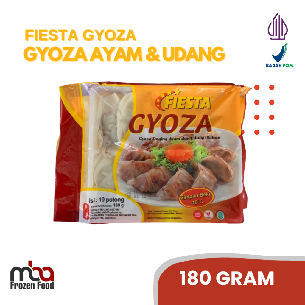 

Fiesta Gyoza Daging Ayam dan Udang (isi 10bj) 180 Gr /Siomay /Ikan /Nugget /Dimsum /Frozenfood /Makananringan /Camilan /OlahanIkan /Oleholeh /Steamboat /Grill /Gorengan