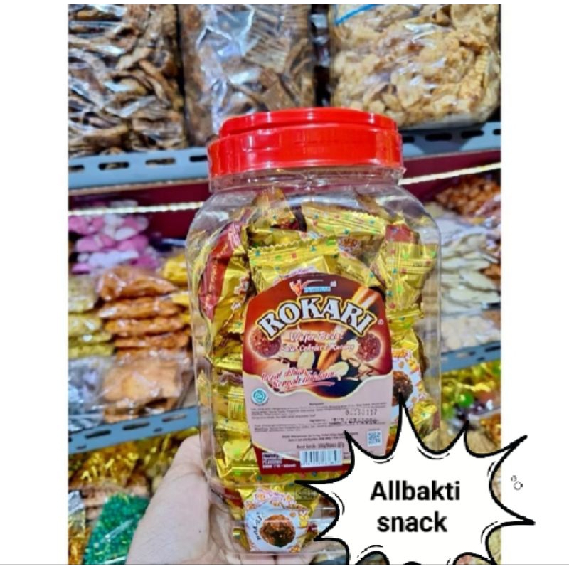 

Rokari toples -+ 50 pcs netto 350gram/wafer bulat salut coklat dan kacang/Allbakti snack/Snack viral