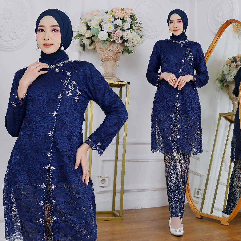Kebaya Modern Wanita Setelan Tunik Brokat Syafira Navy/Setelan Kebaya Wisuda Wanita Tunik Brokat Ane