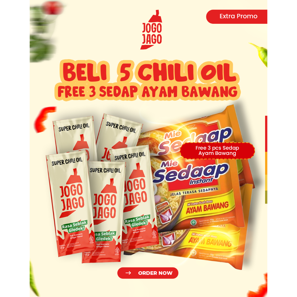 

(BISA COD) 5 Pcs Chili Oil Sachet Pedas Seblak Gledeek Jogojago GRATIS 3 Mie Sedaap Ayam bawang