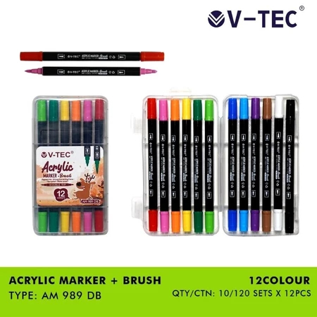 

TBMO V-Tec Acrylic Marker + Brush pen 12 / 24/ 36 COLOR (AM 989 DB) - Spidol Sketsa Dual Tip Brush Tip and Fine (AM 989 DB)