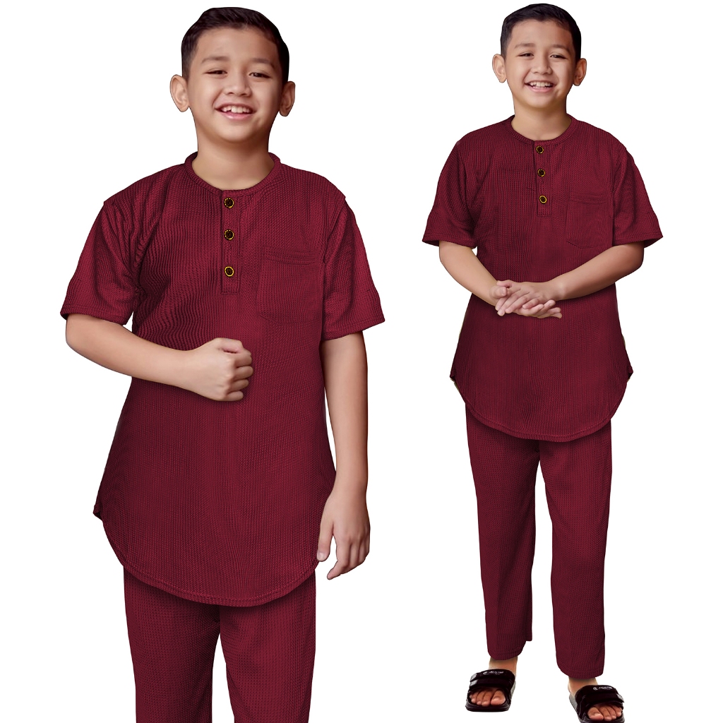 Setelan Koko Anak Bahan Waffle uniqlo Baju Lebaran Lengan Pendek Anak-Anak 1-10 Tahun
