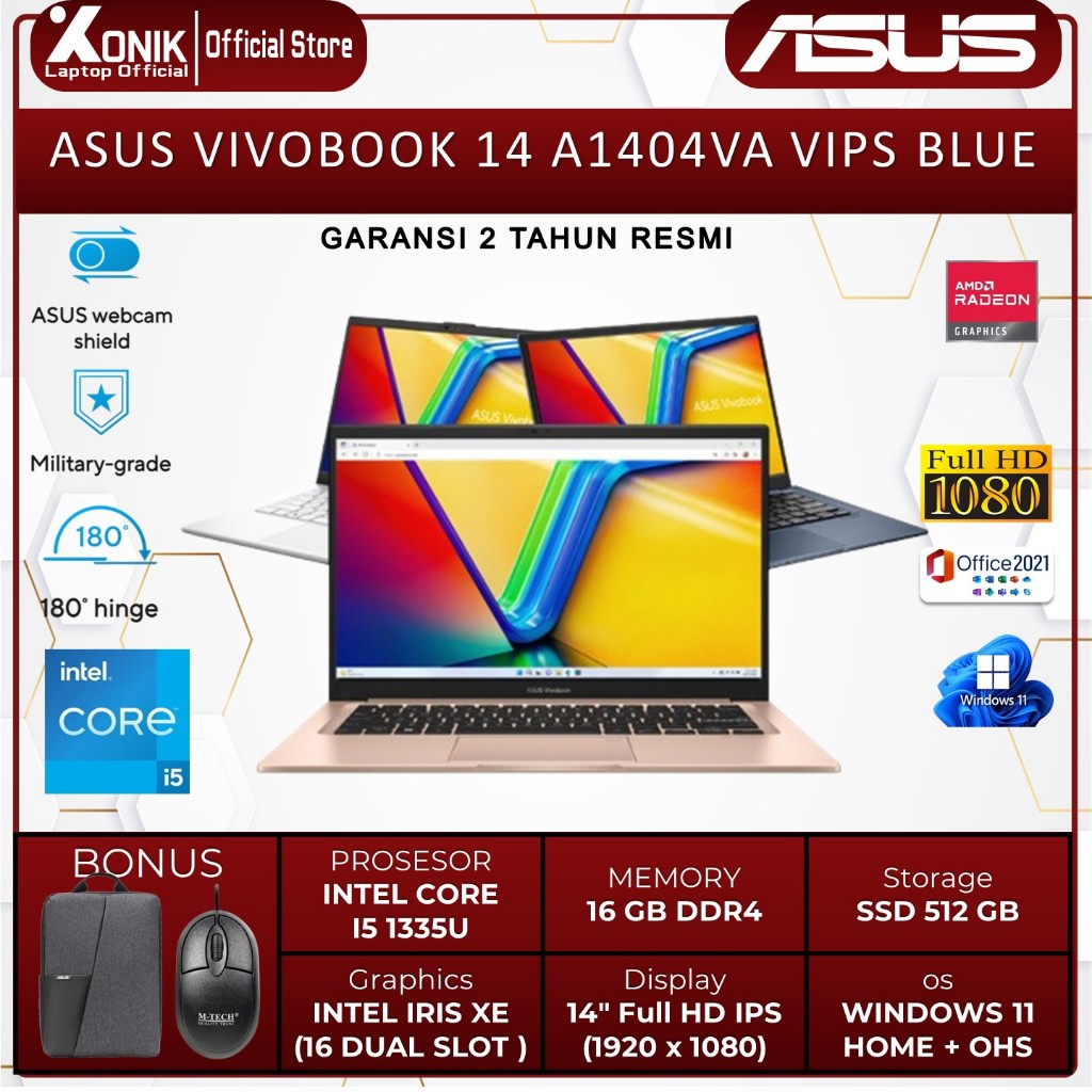 Laptop Asus Vivobook 14 A1404VA Intel Core i5 1335U Ram 16 GB Ssd 512 GB Garansi Resmi Asus blue