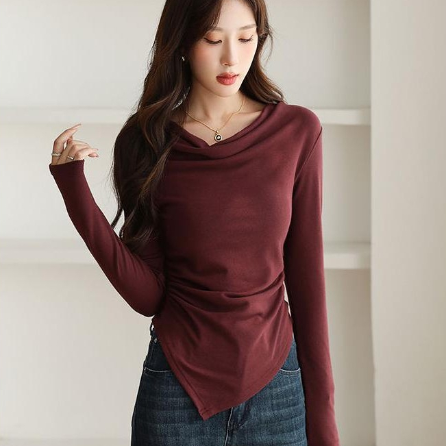 baju atasan wanita jumbo semi formal crop top terbaru simple elegan pesta lengan panjang plain merah