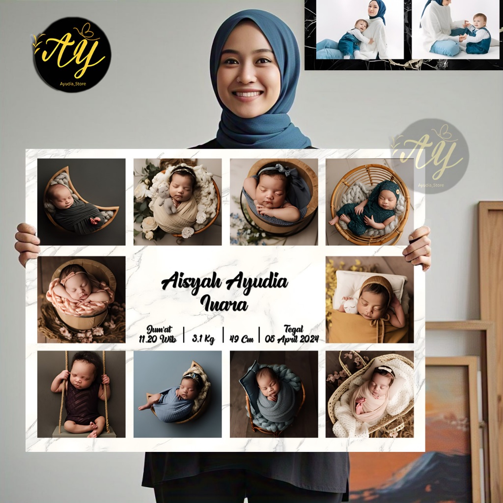 CETAK FOTO BIODATA BAYI + BINGKAI MDF | CETAK FOTO KOLASE PRAWEDDING 8 FOTO DAN 10 FOTO
