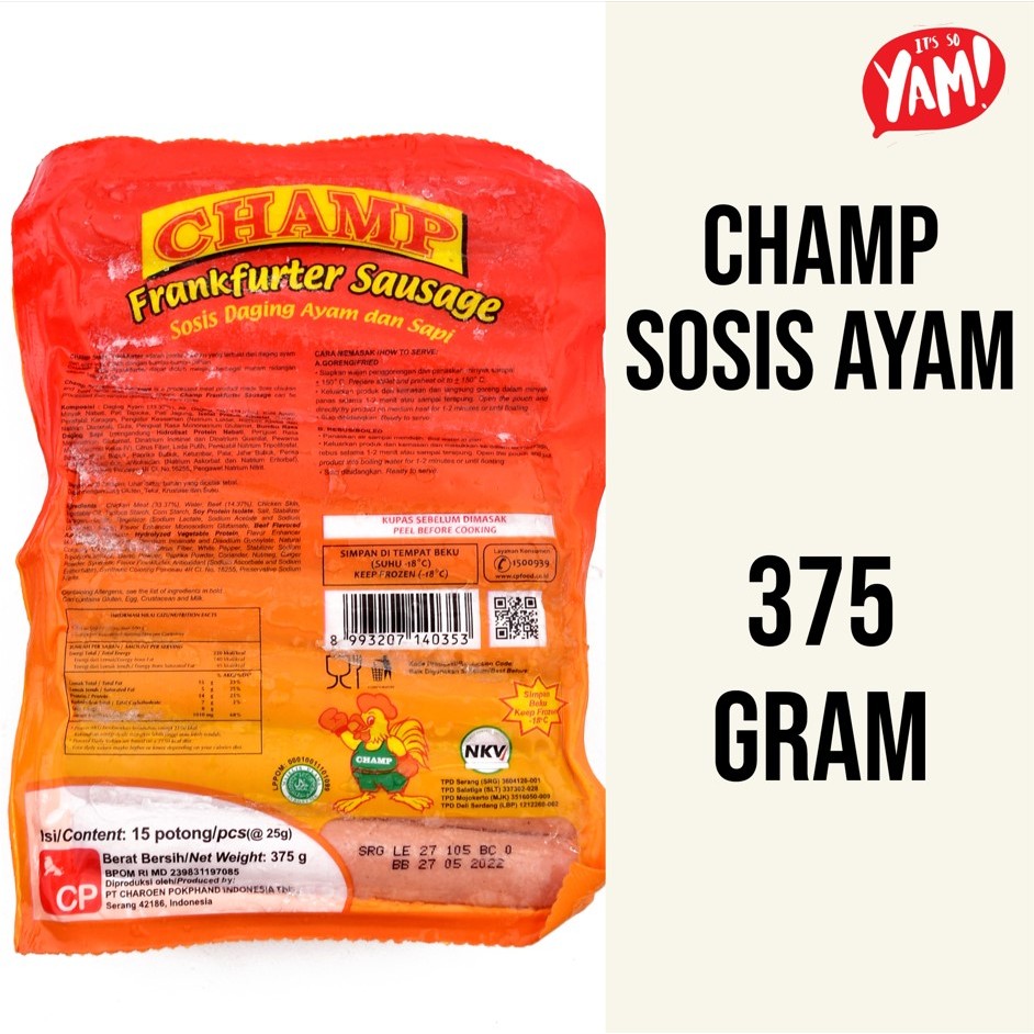 

CHAMP SOSIS AYAM 375 GRAM CHAMP CHICKEN SAUSAGES 375 GRAM 15 PCS SOSIS AYAM CHAMP CEMILAN FROZEN