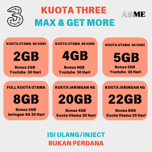 KUOTA THREE DATA MAX 8GB, 20GB, 22GB | GET MORE 2GB, 4GB, 5G DURASI 30 HARI DAN 60 HARI