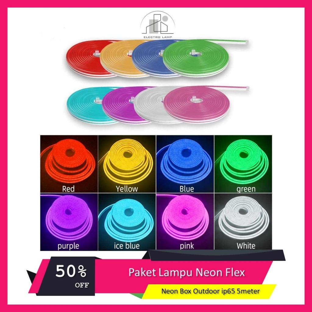 Paket Lampu Neon Flex Panjang 5M Led Selang Fleksibel 220v Warna Neon Box Outdoor ip65 Huruf DIY 220