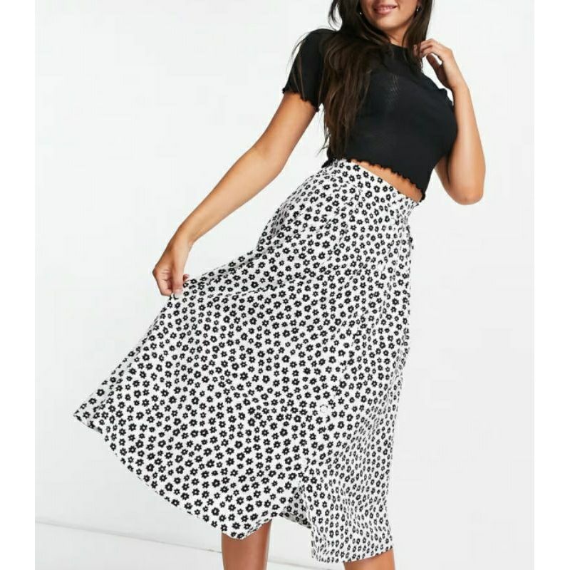 (NEW) MONKI H&M SKIRT WHITE FLOWER HIGHWAIST MAXI BUTTON ROK PUTIH PANJANG BUNGA KOREA ORIGINAL