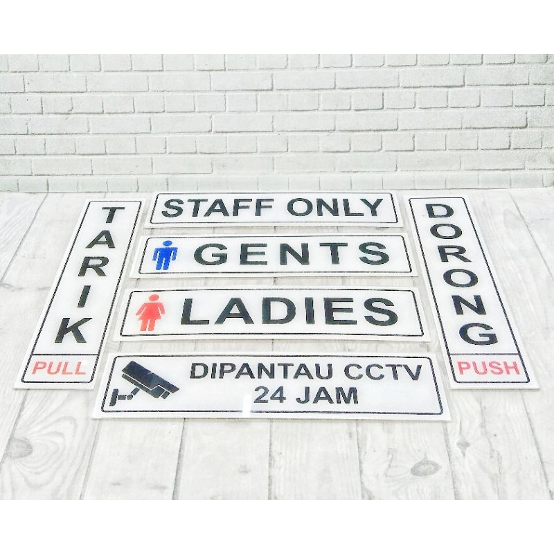 

LABEL SIGN AKRILIK LENGKAP / SIGN BOARD AKRILIK / LABEL TARIK DORONG / LABEL GESER / LABEL KASIR / LABEL NO SMOKING / LABEL GENTS & LADIES / LABEL DIPANTAU CCTV / LABEL JAGALAH KEBERSIHAN